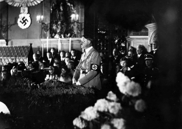 Adolf Hitler makes a speech in Nuremberg's town hall to open the fifth party rally